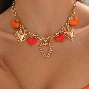 ❤️❤️❤️BOGOHO ❤️❤️❤️Chic Gold Necklace with Red and Orange Heart Charms